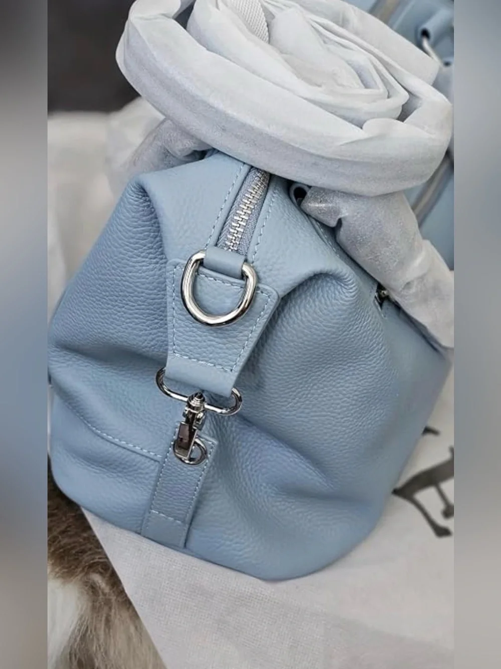 Light Blue Leather Satchel Handbag with Tassel